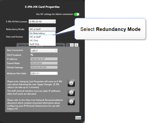 Redundancy Mode in Card Properties